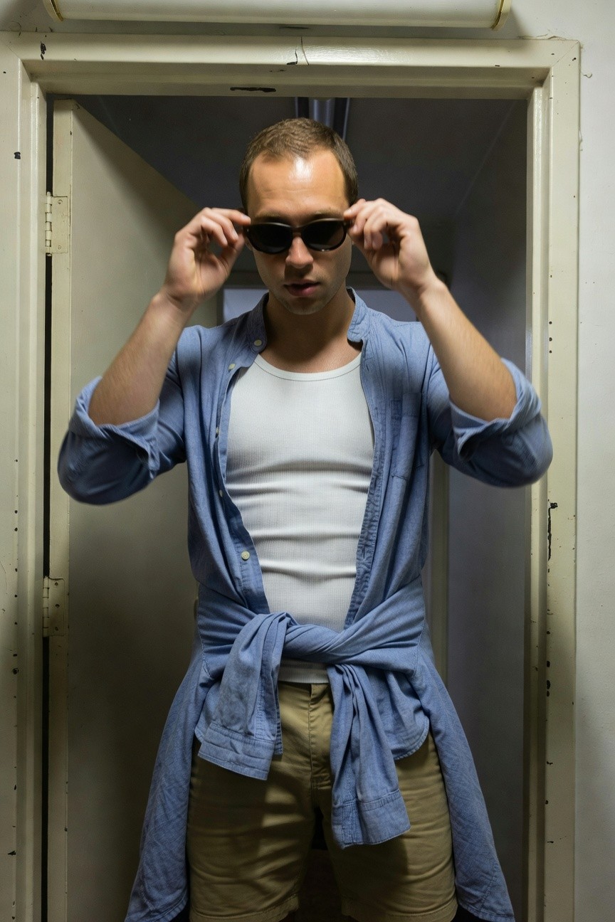 Man in open light blue chambray shirt knotted at waist over white tank top and khaki shorts, sunglasses in hand, posed confidently in a narrow doorway with soft lighting