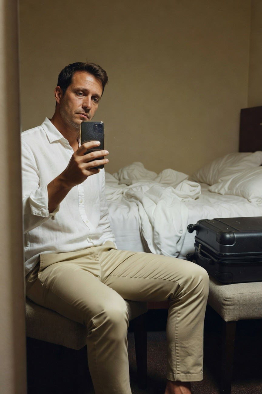 A man in his 30s with short dark hair sits barefoot on a cushioned bench in a warmly lit hotel room, wearing a loose white linen shirt with sleeves rolled up and light beige slim-fit pants, holding his phone for a selfie, with a rumpled bed and black suitcase nearby