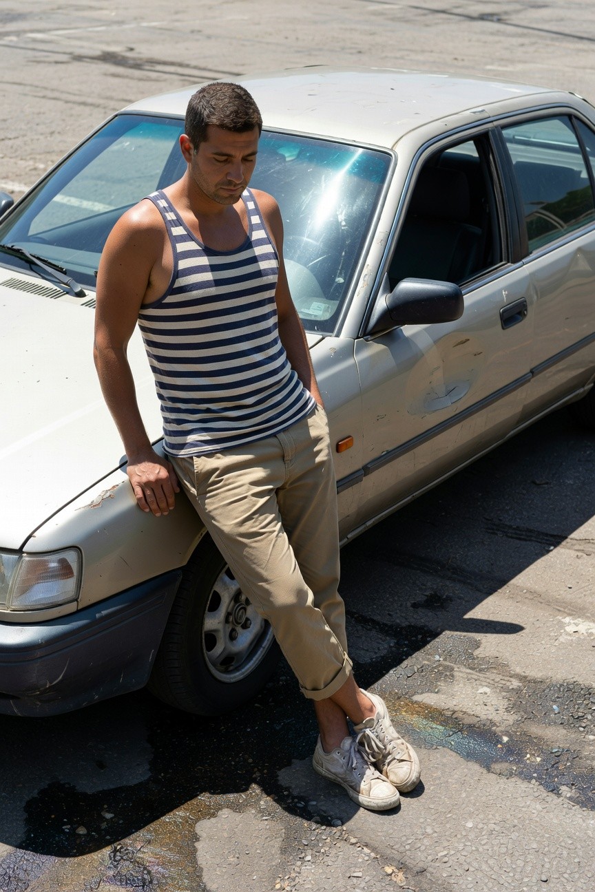 Tanned man with short dark hair leans against a beige sedan in a sunlit parking lot, wearing a navy-and-white striped tank top, beige slim chinos cuffed at the ankles, and white sneakers, exuding relaxed summer style