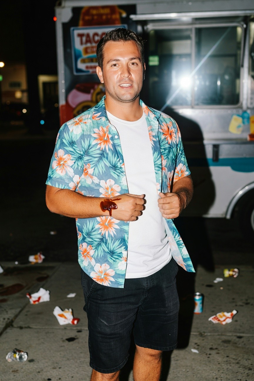 A man stands casually at night by a colorful taco truck, wearing an open short-sleeve Hawaiian shirt in blue with orange hibiscus flowers over a white t-shirt, slim black shorts, and a brown bracelet on his wrist, smiling confidently amid scattered trash on the pavement
