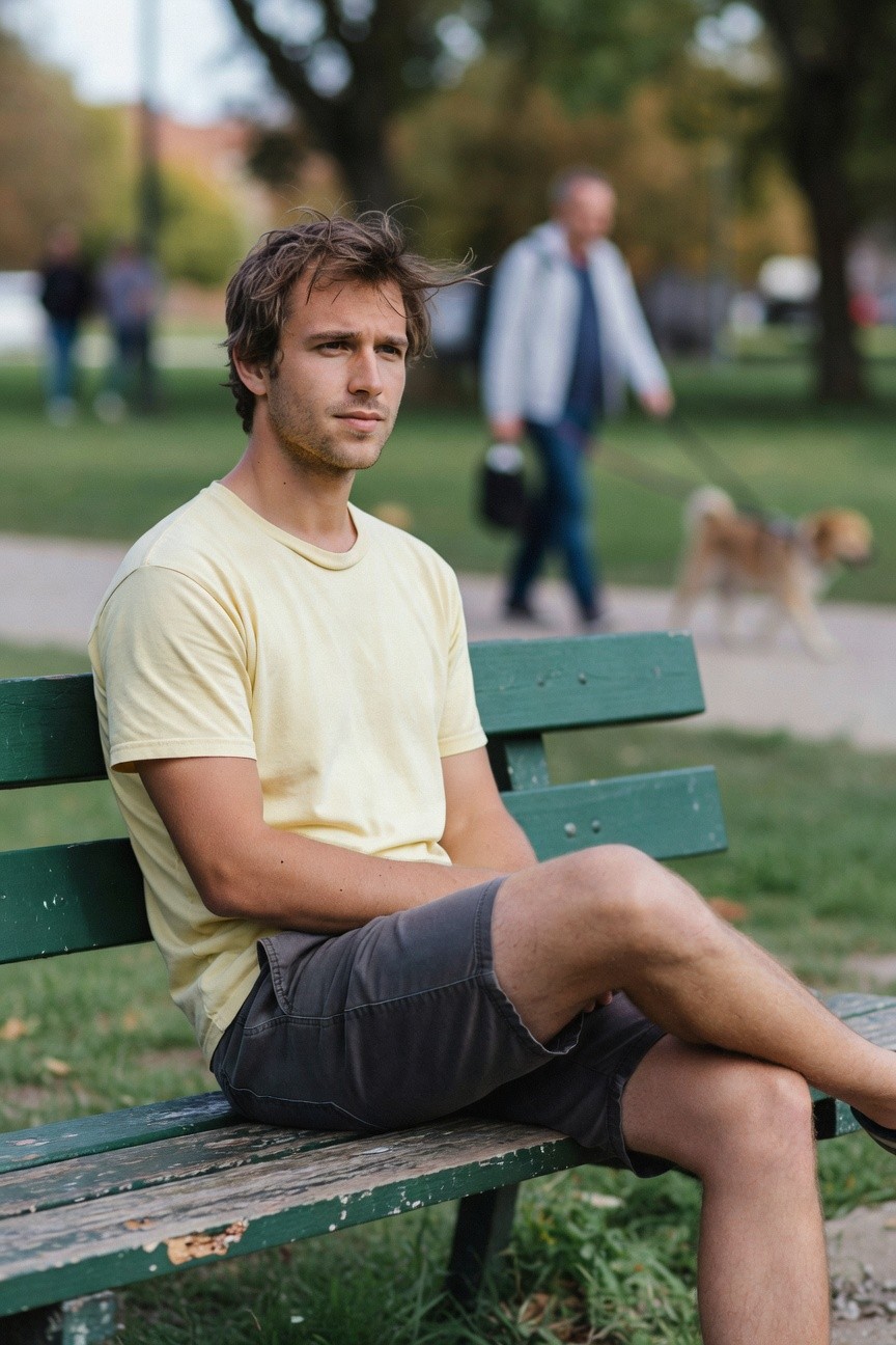 Young man with tousled brown hair sits casually on weathered green park bench in autumn park, wearing fitted pale yellow cotton t-shirt tucked loosely into mid-thigh light gray chino shorts, bare legs crossed relaxed, yellow grass and walking dog in blurred background