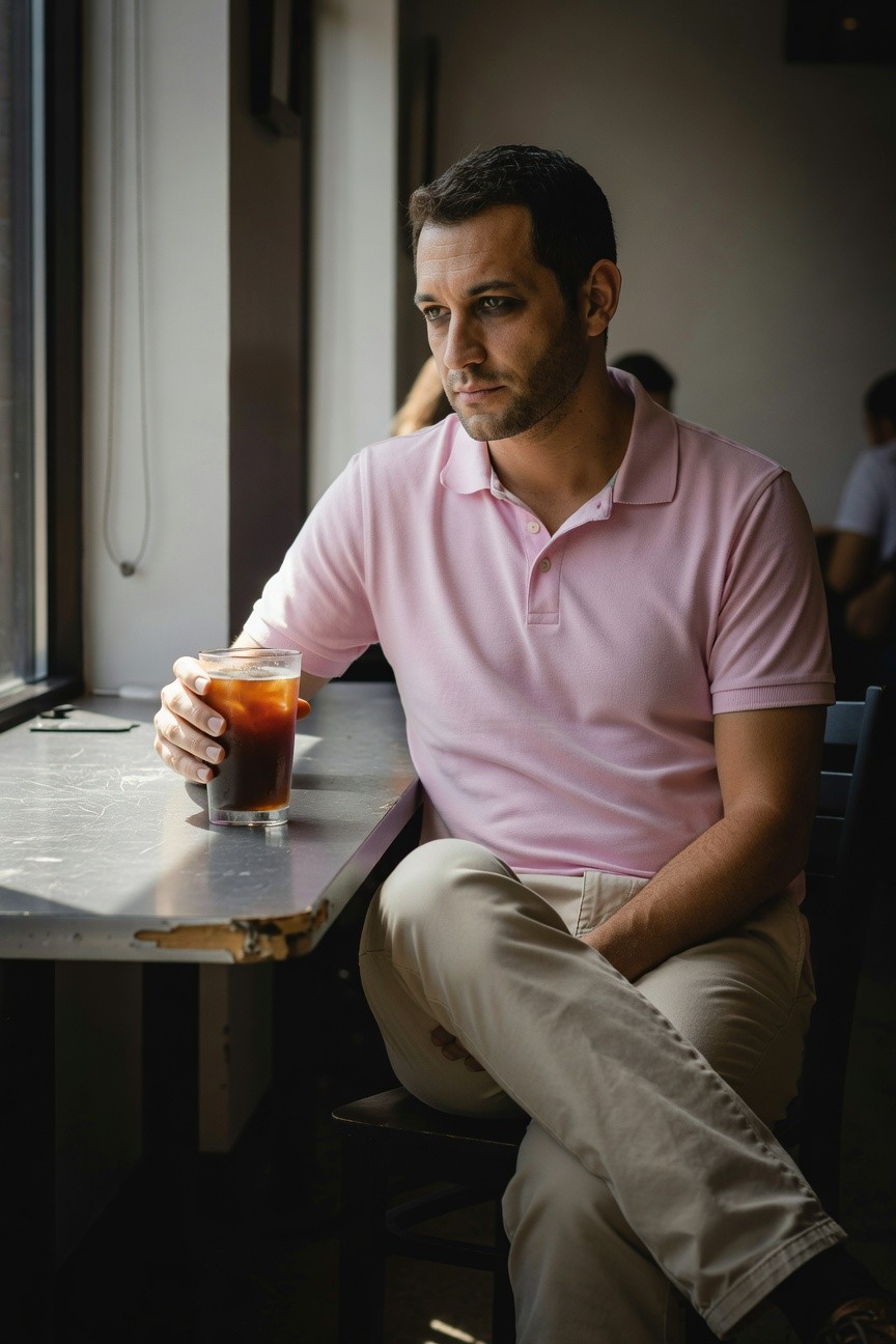 A man in a light pink short-sleeve polo shirt and beige khaki pants sits casually at a cafe table by a window, holding a glass of iced tea, with a thoughtful expression amid soft natural light.