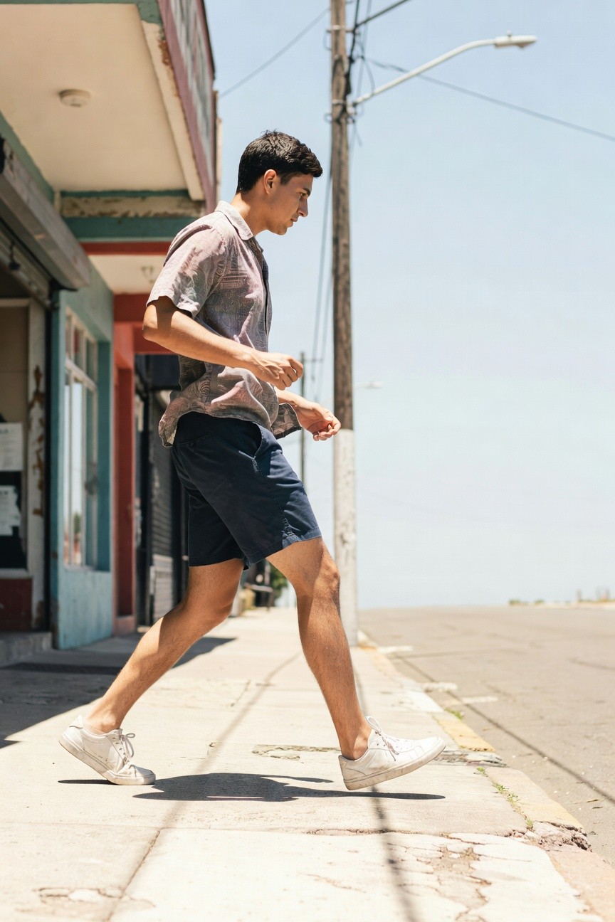 Young man in a light plaid short-sleeve button-up shirt, navy mid-thigh shorts, white sneakers, and slim crossbody bag, walking confidently along a sunny cracked sidewalk near colorful coastal buildings under blue skies