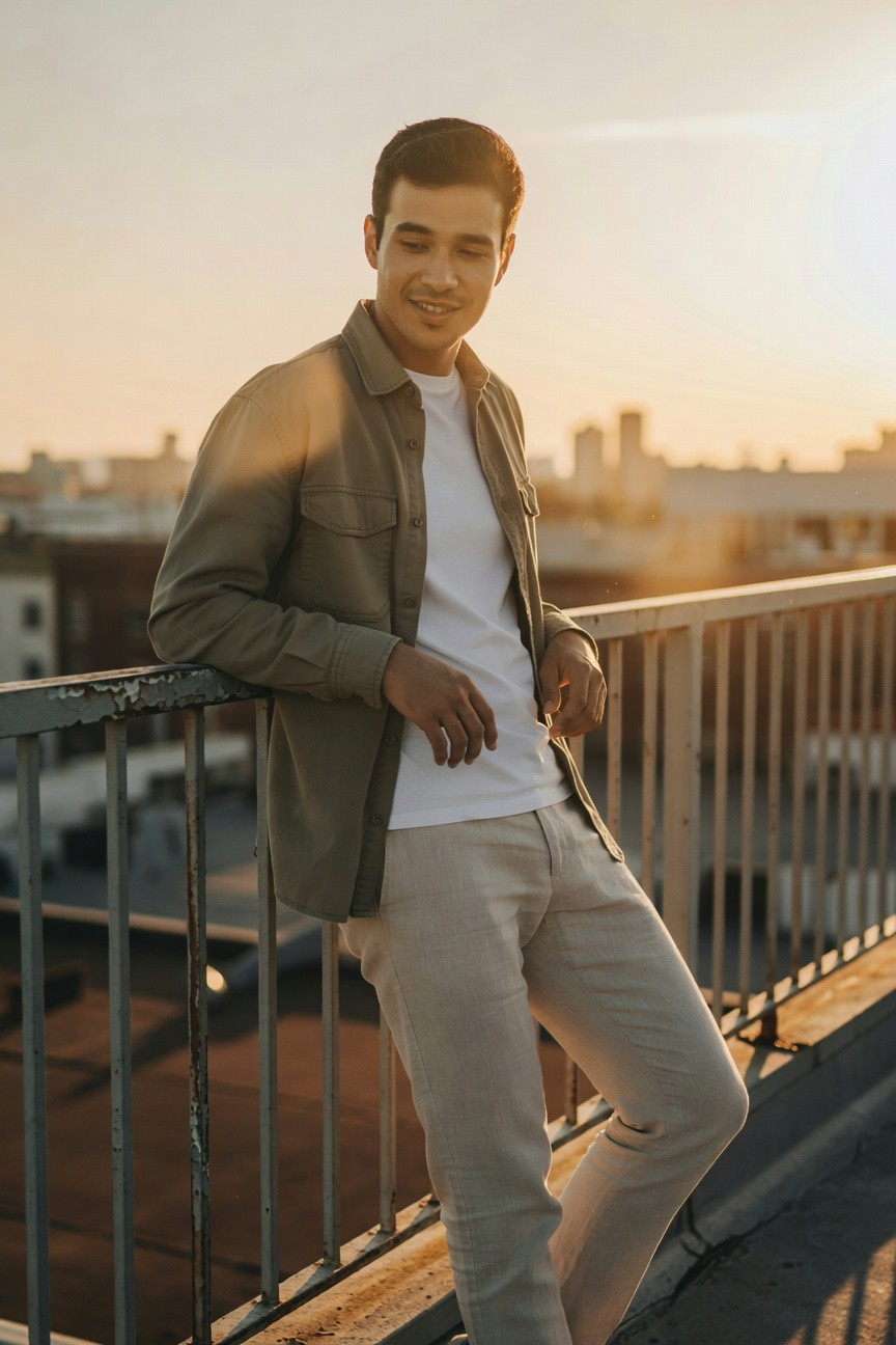 Handsome man with short dark hair smiling casually at sunset on urban rooftop, wearing open olive green shirt jacket over white t-shirt, beige trousers, and white sneakers, leaning on metal railing with cityscape behind