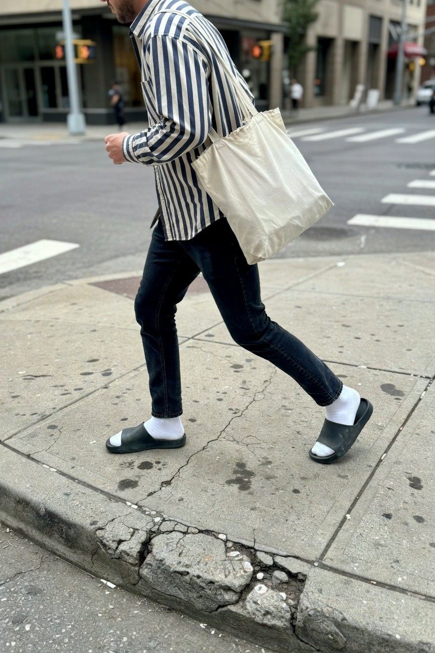 A stylish man strides across a sunlit urban crosswalk in a crisp blue-and-white striped long-sleeve button-up shirt tucked loosely, slim dark jeans, black flip-flops paired with white crew socks, and a simple beige canvas tote bag over one shoulder, evoking relaxed city cool on a gritty sidewalk corner
