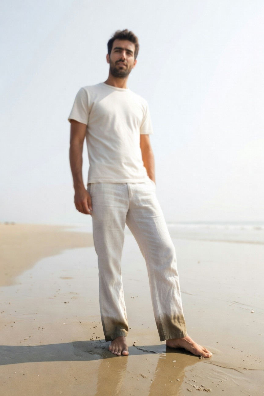 A man stands casually on a sunny beach in a white short-sleeve t-shirt and matching wide-leg linen pants with sandy, slightly muddied hems, barefoot, hands in pockets, ocean waves in the background.