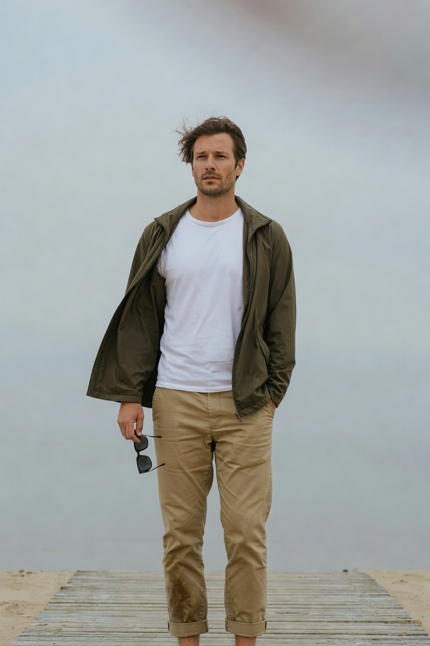 Man in open olive green jacket over white t-shirt, beige rolled chinos, holding sunglasses, standing barefoot on a misty pier with water backdrop
