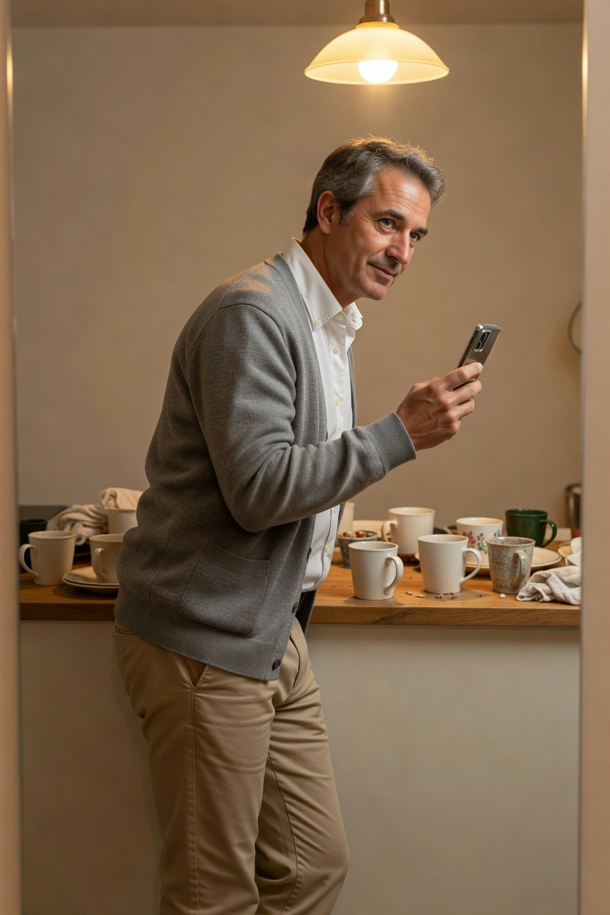 Middle-aged man in light gray cardigan over white button-up shirt and khaki chinos, leaning casually against kitchen counter while holding phone, warm lighting from overhead lamp.