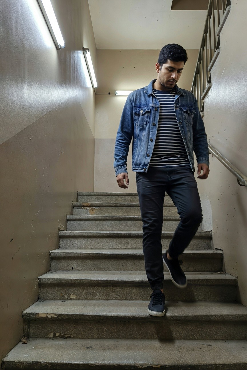 Man with dark curly hair ascending concrete stairs in a dimly lit stairwell, wearing an open blue denim jacket over a black-and-white striped shirt, slim dark trousers, and black sneakers with white soles