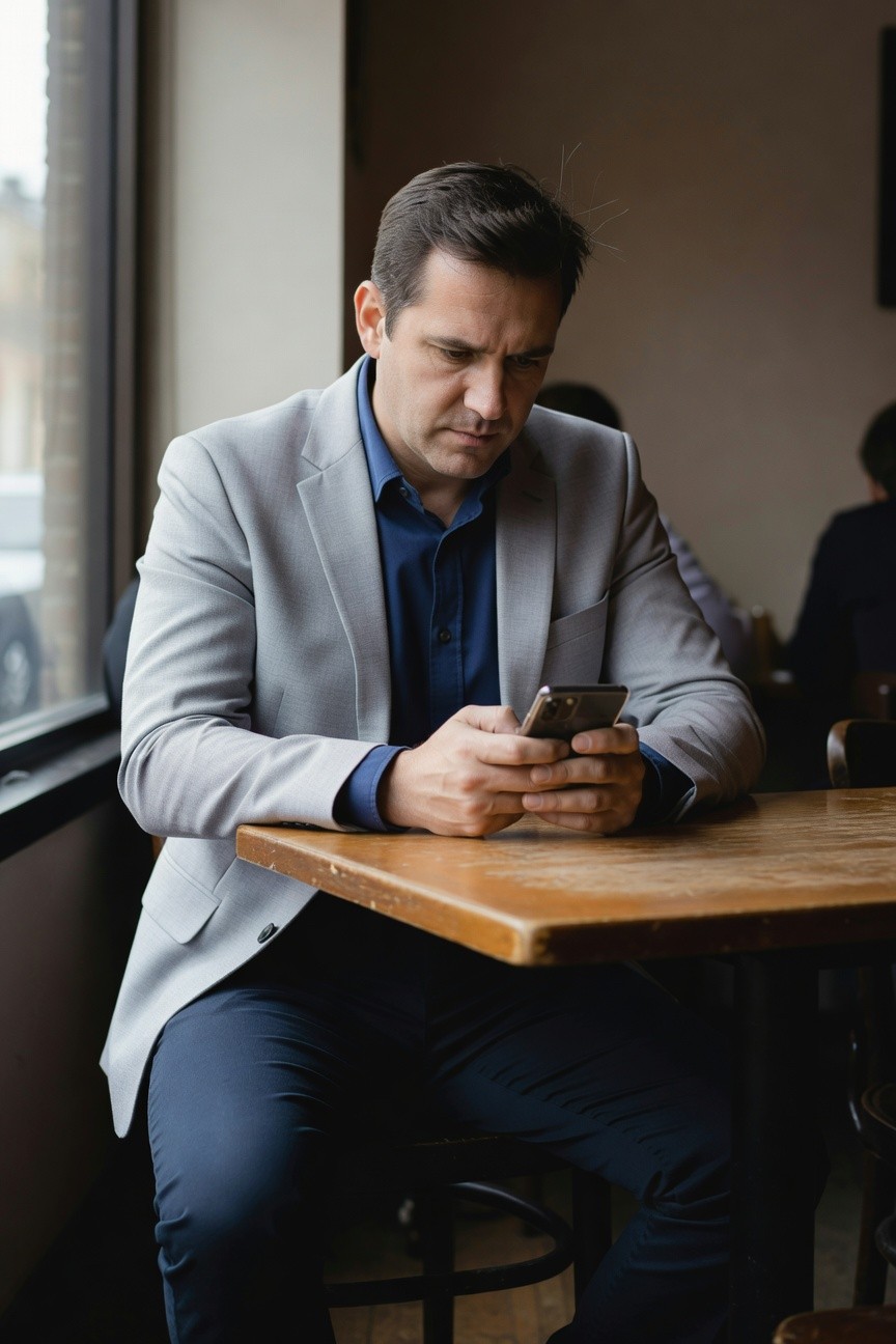 Man in light gray slim-fit blazer, blue button-up shirt, and matching gray trousers sits pensively at a wooden cafe table by a window, intently checking his smartphone.