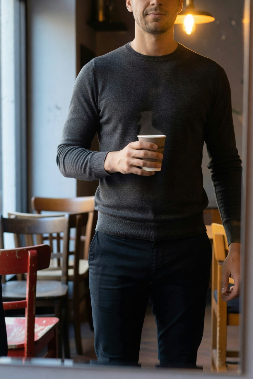 A man in a fitted charcoal grey crewneck sweater and slim black trousers stands confidently in a cozy cafe, holding a white paper coffee cup, with wooden chairs and warm lighting in the background.