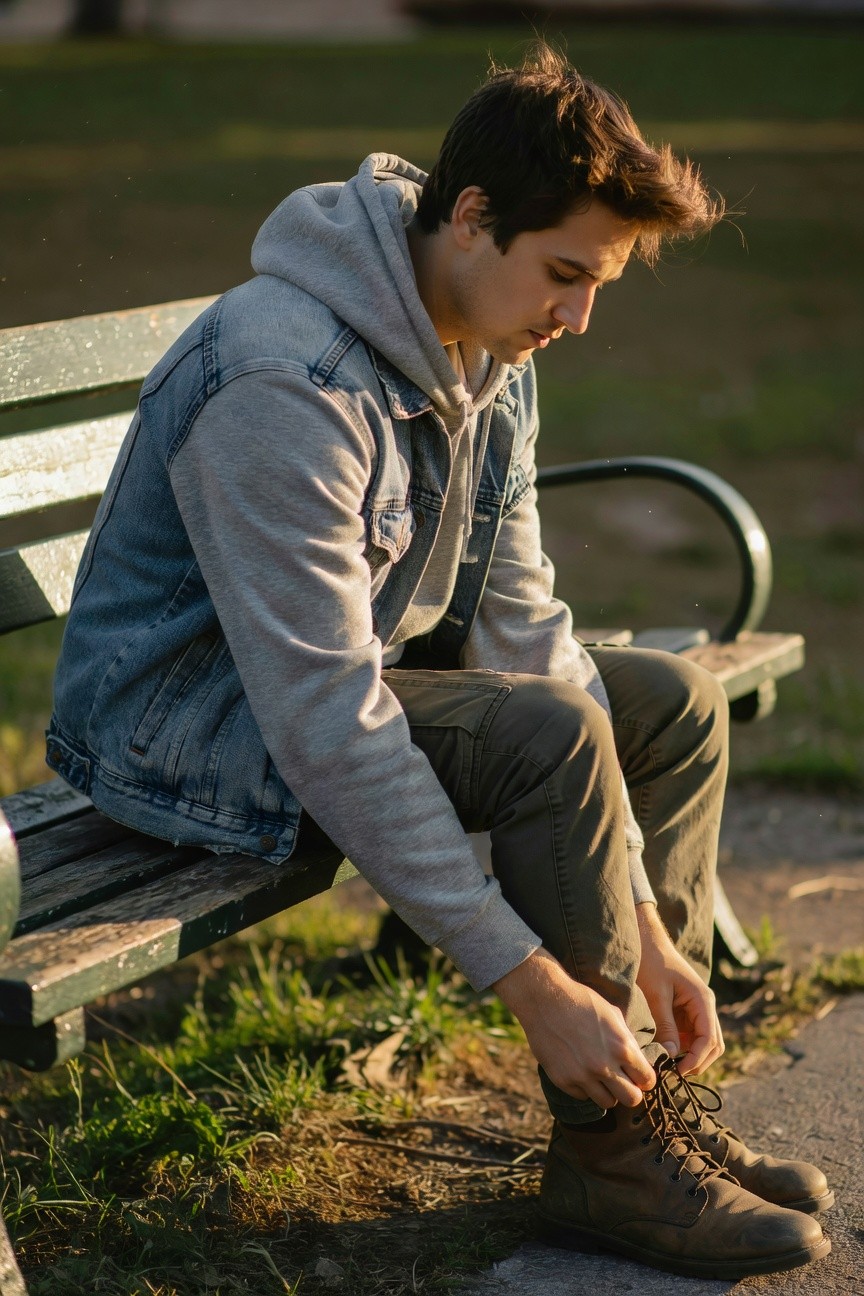 Young man in grey hoodie layered under faded blue denim jacket, olive chinos, and brown leather boots, sitting on a park bench tying his laces in golden hour light