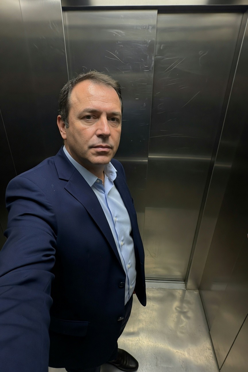 Man in navy blue suit jacket and trousers with light blue button-up shirt taking a mirror selfie inside a metallic elevator, arms extended for the shot