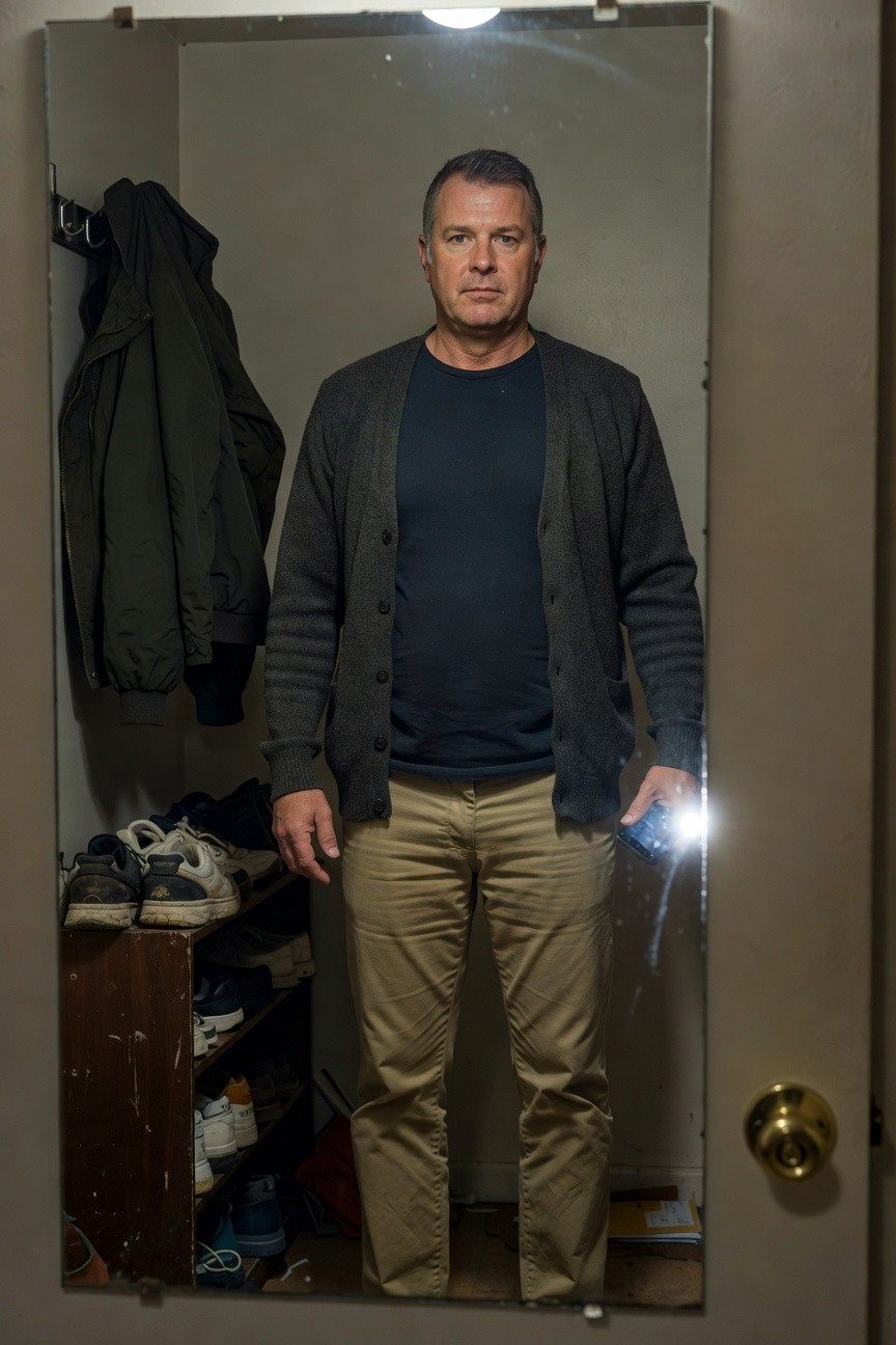 Middle-aged man in gray open cardigan over black sweater, khaki chinos, standing confidently in front of closet mirror with shoes and coat rack nearby