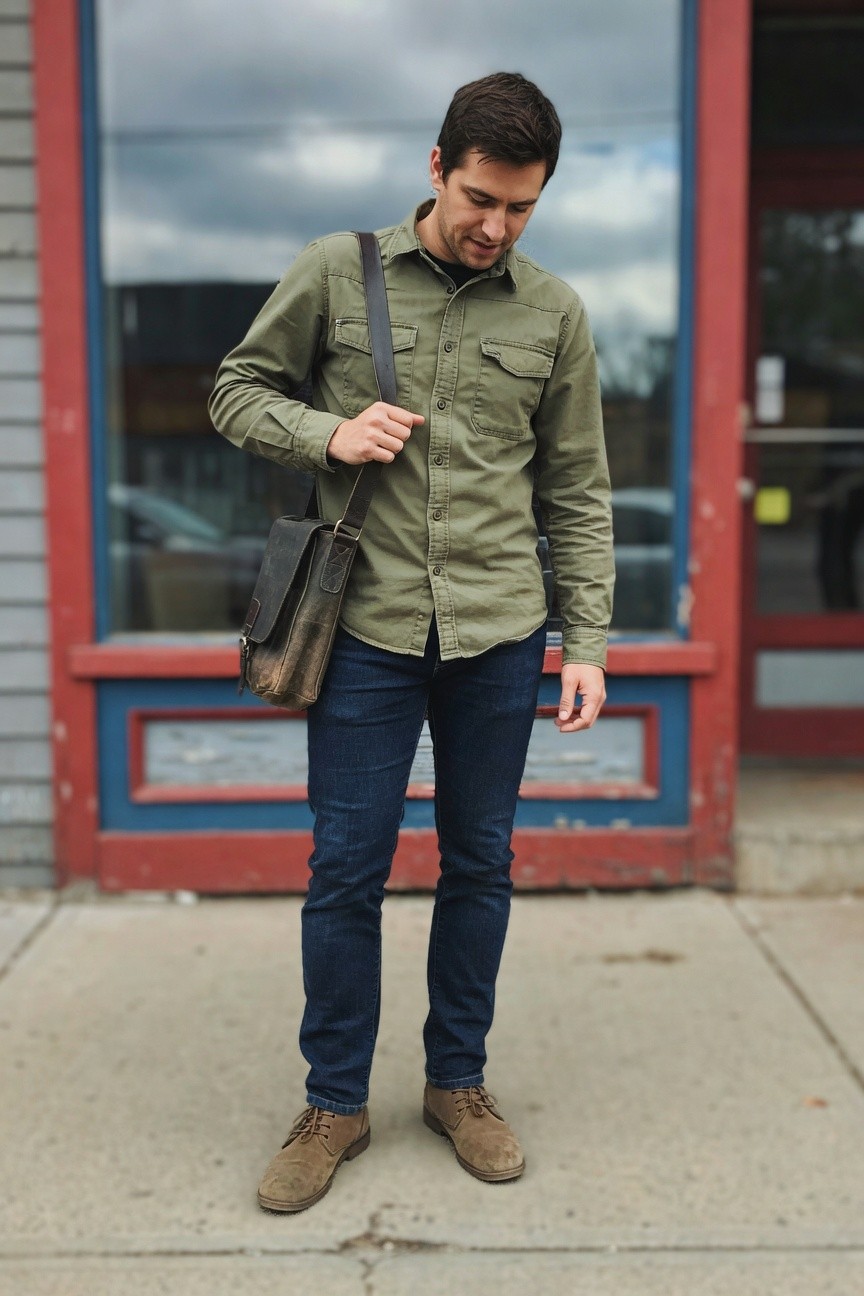 Man in olive green utility shirt, slim dark jeans, brown leather messenger bag, and tan suede boots stands casually on sidewalk in front of red building with large windows.