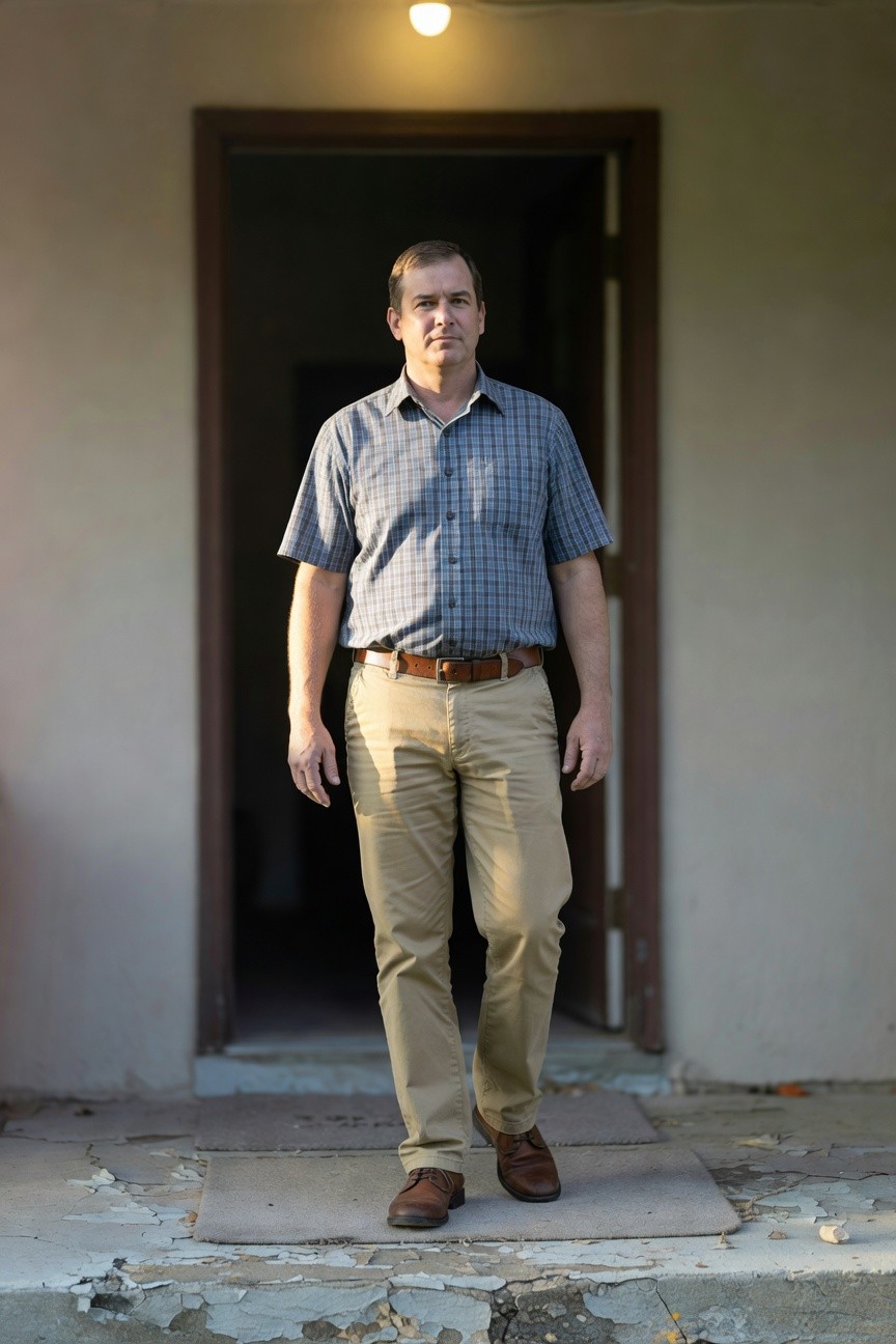 Middle-aged man in blue plaid short-sleeve button-down shirt, belted khaki chinos, and brown shoes, standing casually at an open doorway under evening light