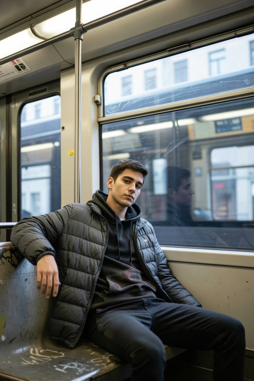 Young man with short dark hair sits relaxed on a subway seat wearing a shiny black puffer jacket over a black hoodie, slim black pants, and sneakers, window and urban buildings visible outside, casual commuter style