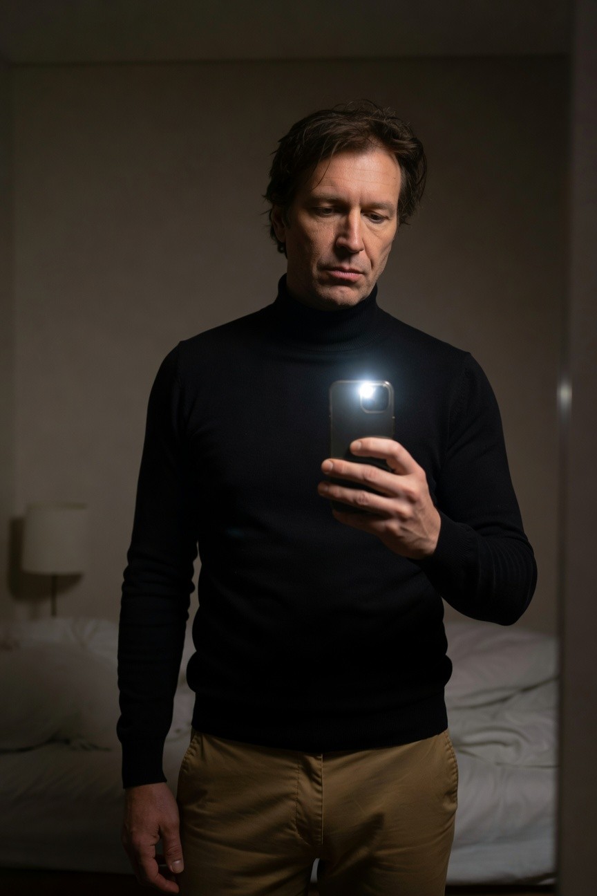 Man in black turtleneck sweater and beige trousers stands in dimly lit bedroom, holding phone with flash on for selfie, mirror reflection visible, sophisticated minimalist style