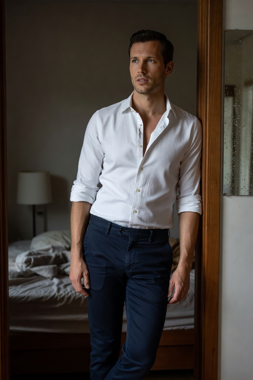 Handsome man in his 30s leaning against a wooden doorframe in a softly lit bedroom, wearing an unbuttoned white linen shirt with rolled sleeves tucked into slim navy chinos, evoking relaxed sophistication