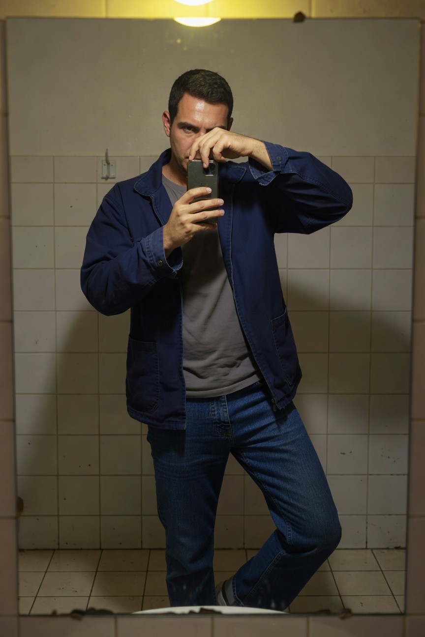 Mirror selfie of a man in a tiled bathroom under yellow light, posing confidently in an open navy work jacket over gray t-shirt, blue jeans, and sneakers