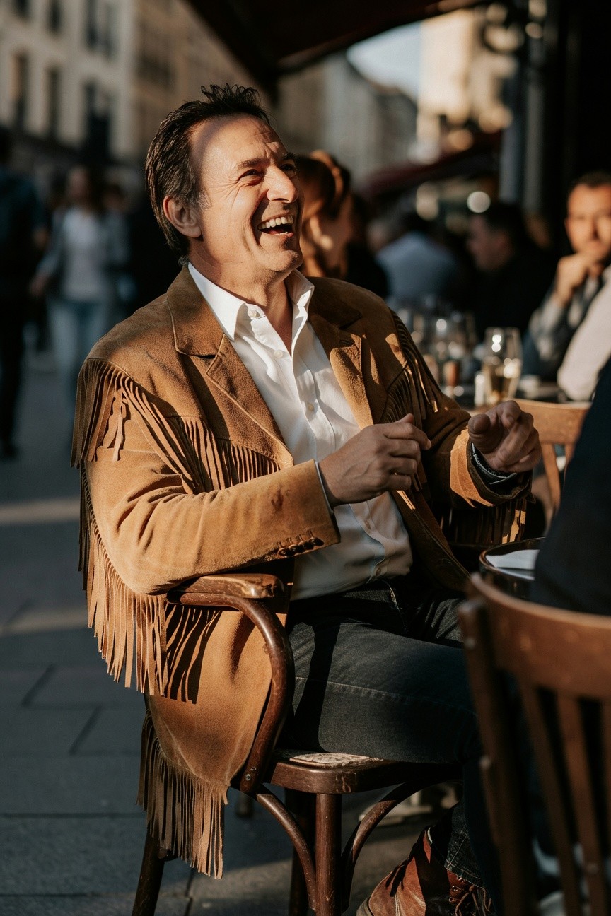 Man laughing at outdoor cafe table wearing tan fringed suede jacket over white button-up shirt, dark jeans, brown boots, and bracelet, with wine glasses nearby