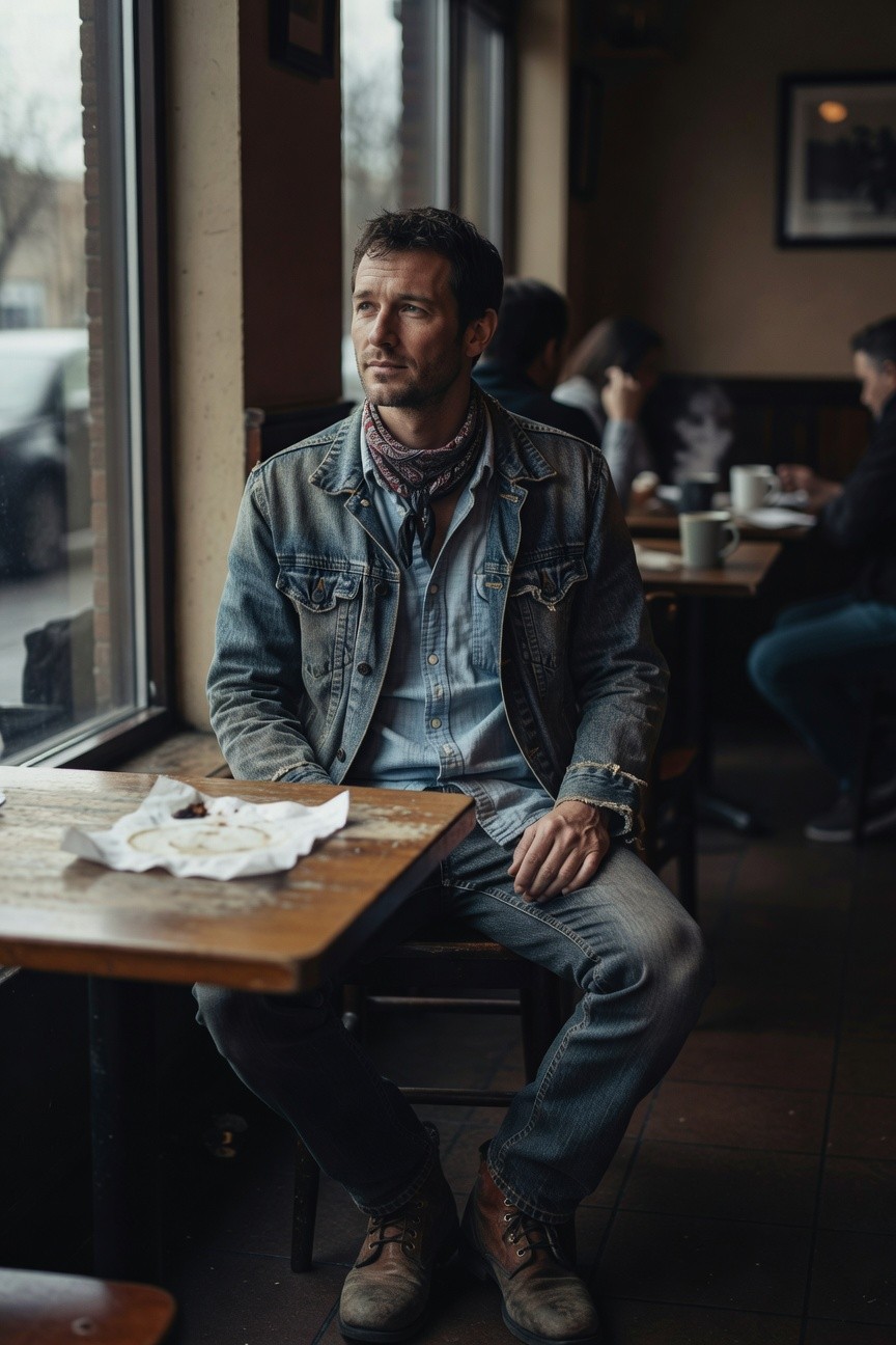 Man in faded denim jacket layered over light blue chambray shirt with purple patterned neckerchief, blue jeans, and brown leather boots, seated at a cafe table