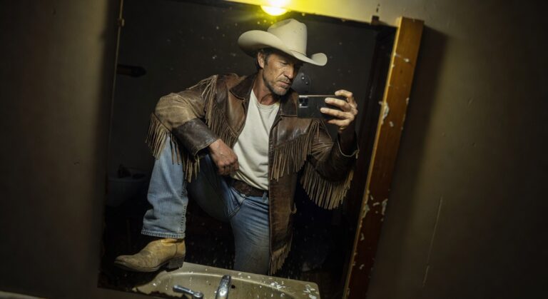 Man taking a mirror selfie in a bathroom, wearing a white cowboy hat, open-collar shirt under a brown fringed leather jacket, light wash jeans, and tan cowboy boots, hand in pocket