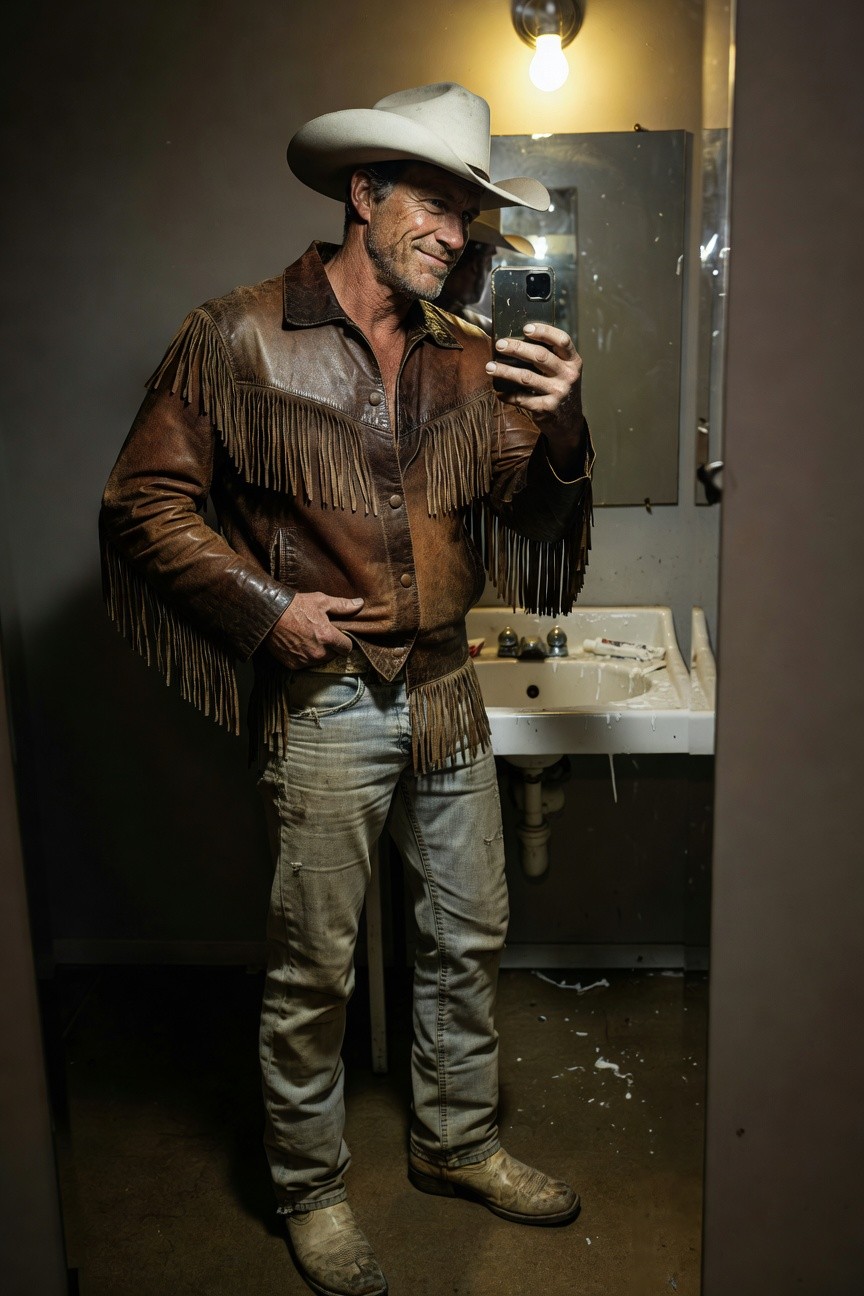 Man taking a mirror selfie in a bathroom, wearing a white cowboy hat, open-collar shirt under a brown fringed leather jacket, light wash jeans, and tan cowboy boots, hand in pocket