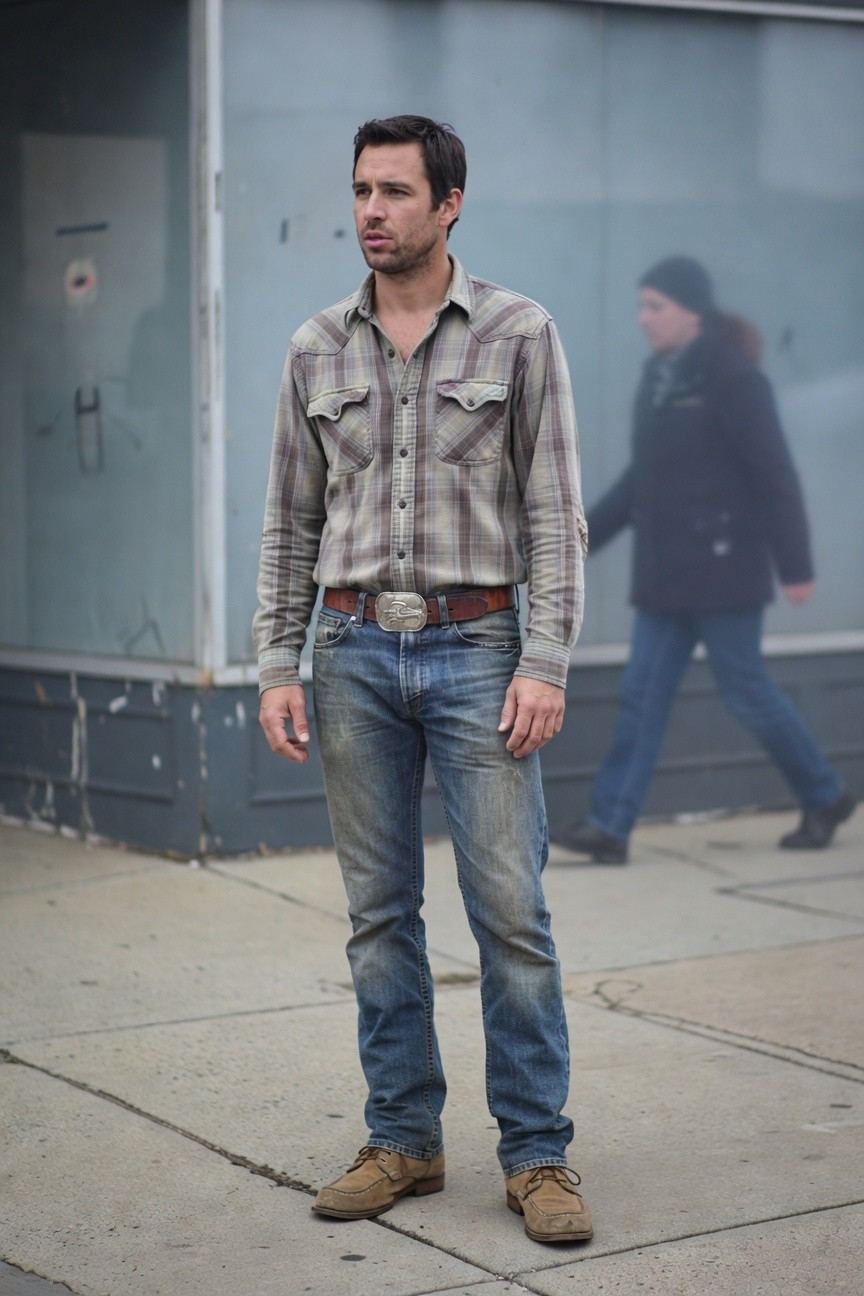Man in gray plaid flannel shirt, faded slim blue jeans, brown belt with large buckle, and tan suede boots standing on sidewalk