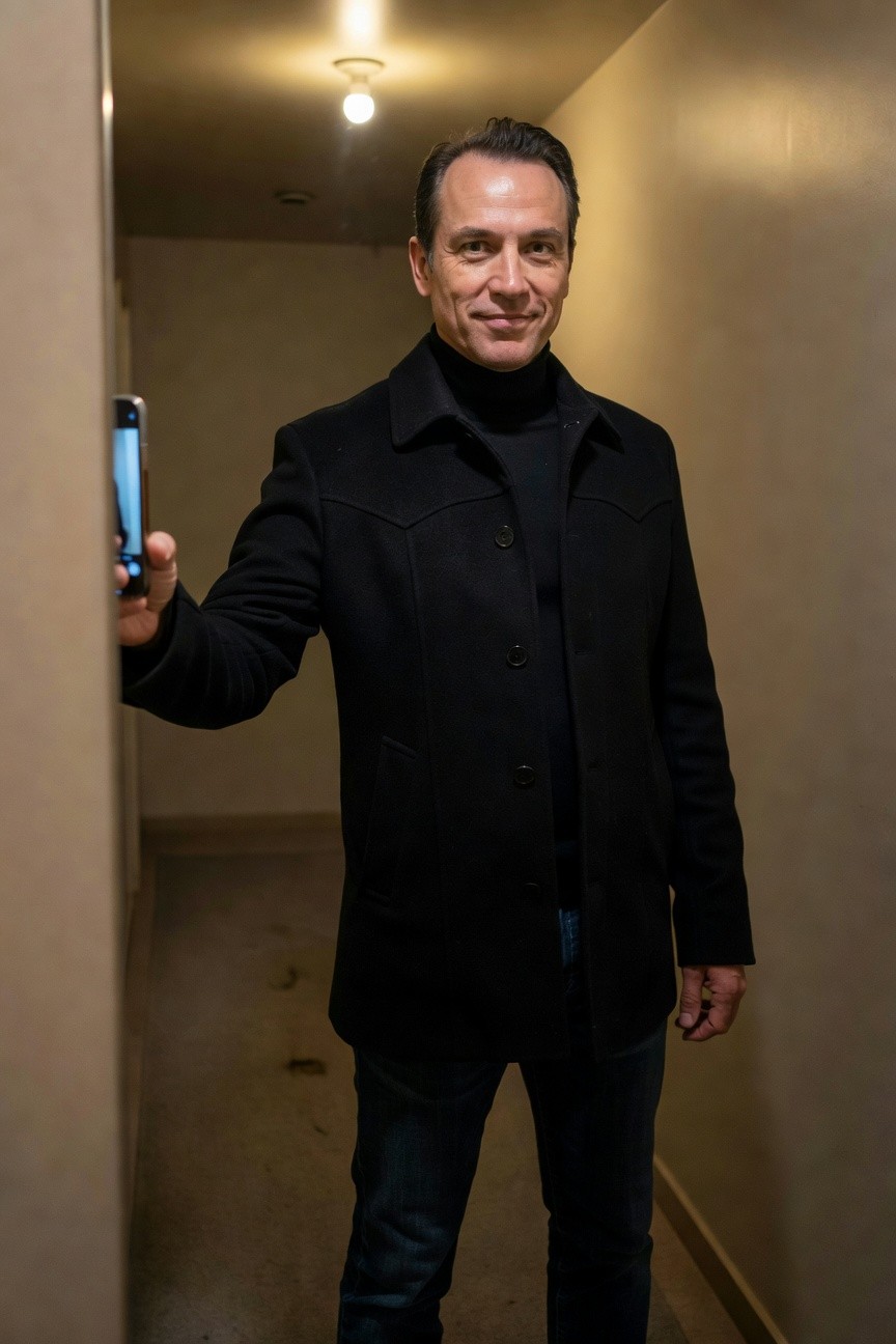 Man standing in a beige hallway wearing a black cowboy-style coat with fringe yoke over a black turtleneck, dark jeans, holding a smartphone, smiling confidently