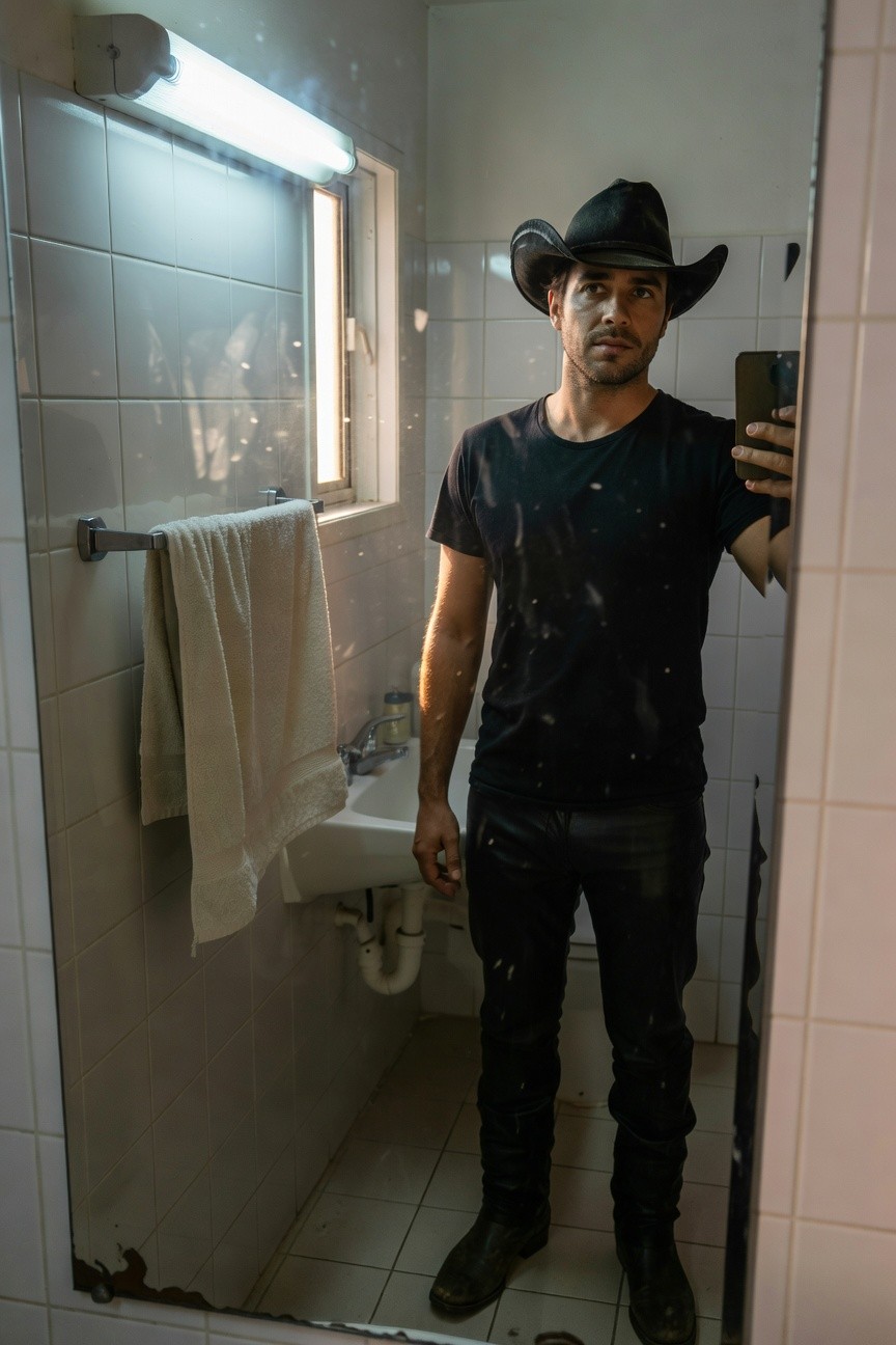 Man taking mirror selfie in bathroom wearing wide-brimmed black cowboy hat, sleeveless black t-shirt with dust spots, tight shiny black leather pants, and black boots standing confidently