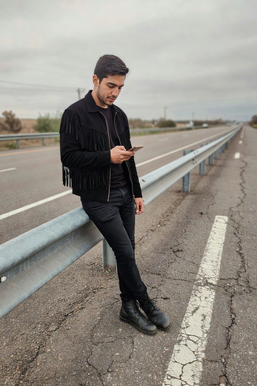 Man in black fringed suede jacket over black shirt, slim black pants, and black boots, leaning against a guardrail while checking his phone