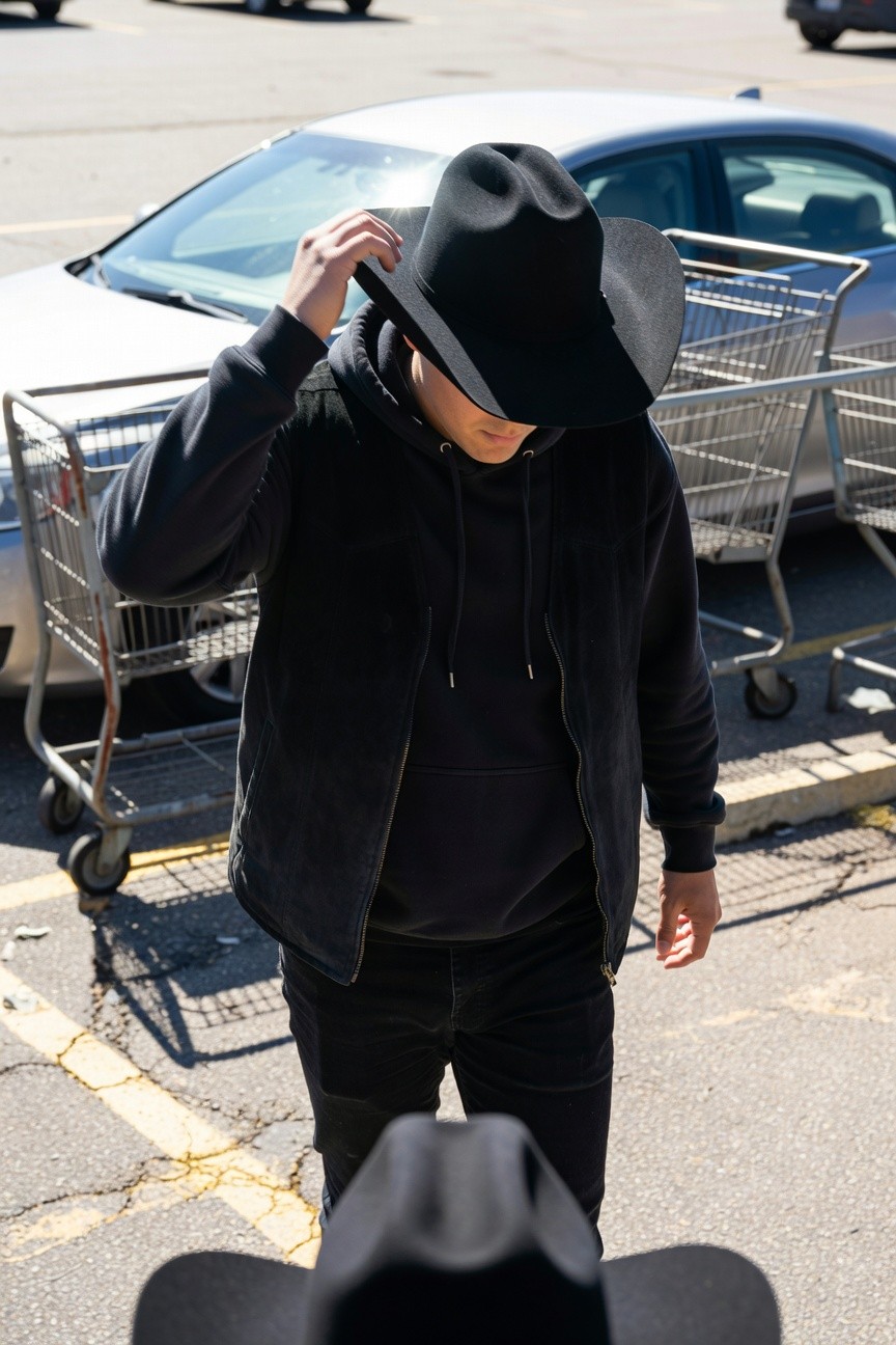 Man in black cowboy hat adjusting it over a dark hoodie and zip-up jacket with black slim jeans, standing by a shopping cart in a parking lot