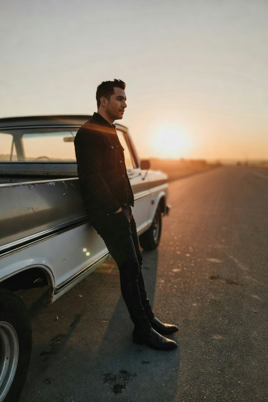 Man in sleek all-black outfit leaning against a vintage truck, wearing shiny black leather jacket, slim black pants, and pointed black leather boots, side profile view