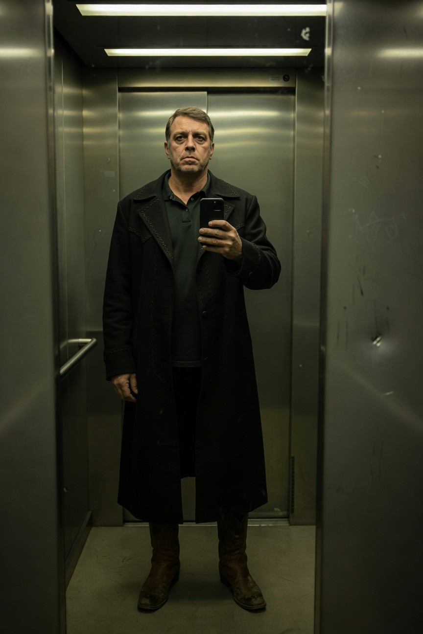 Man in elevator wearing long black overcoat over black polo shirt, black pants, and tall black cowboy boots, holding phone for selfie