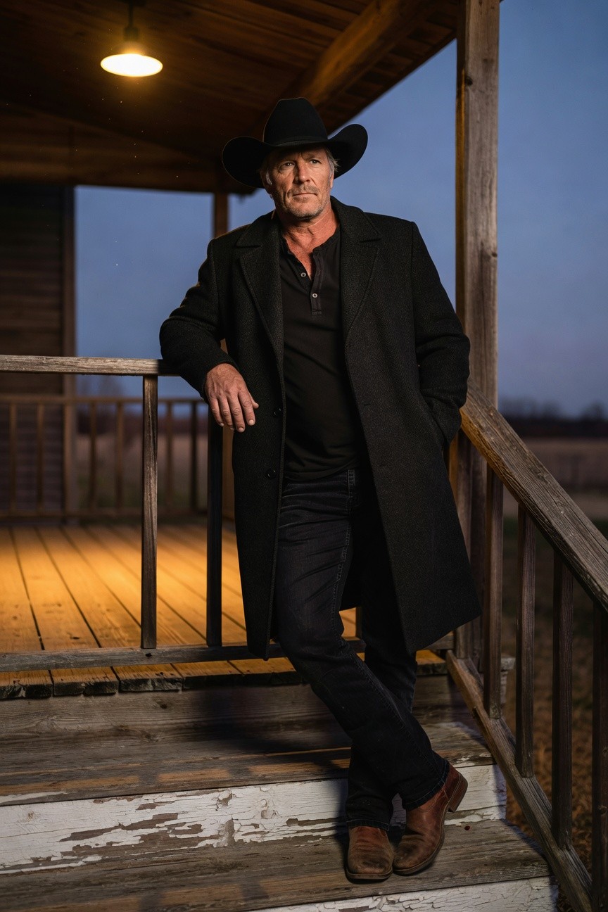 Man in black cowboy hat, long black overcoat over dark shirt, black pants and brown boots, leaning casually on wooden porch railing at dusk