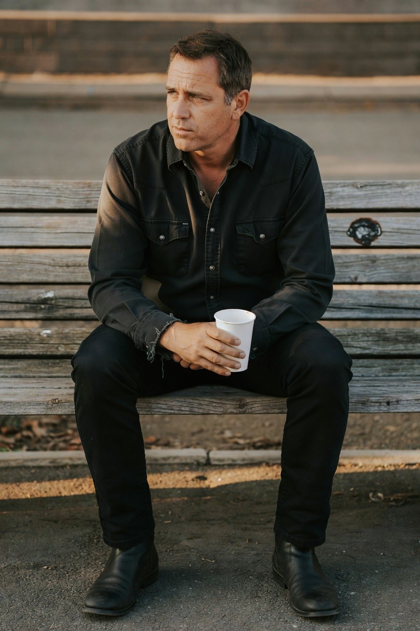 Man in all-black outfit sitting on bench, wearing long-sleeve snap shirt, slim pants, and leather cowboy boots, holding white cup