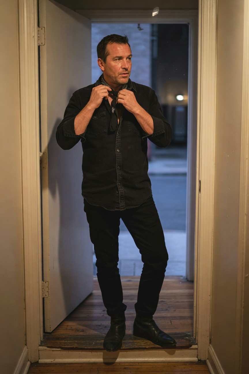 Man in open-collar black long-sleeve shirt, slim black pants, and black leather boots, standing confidently in a doorway