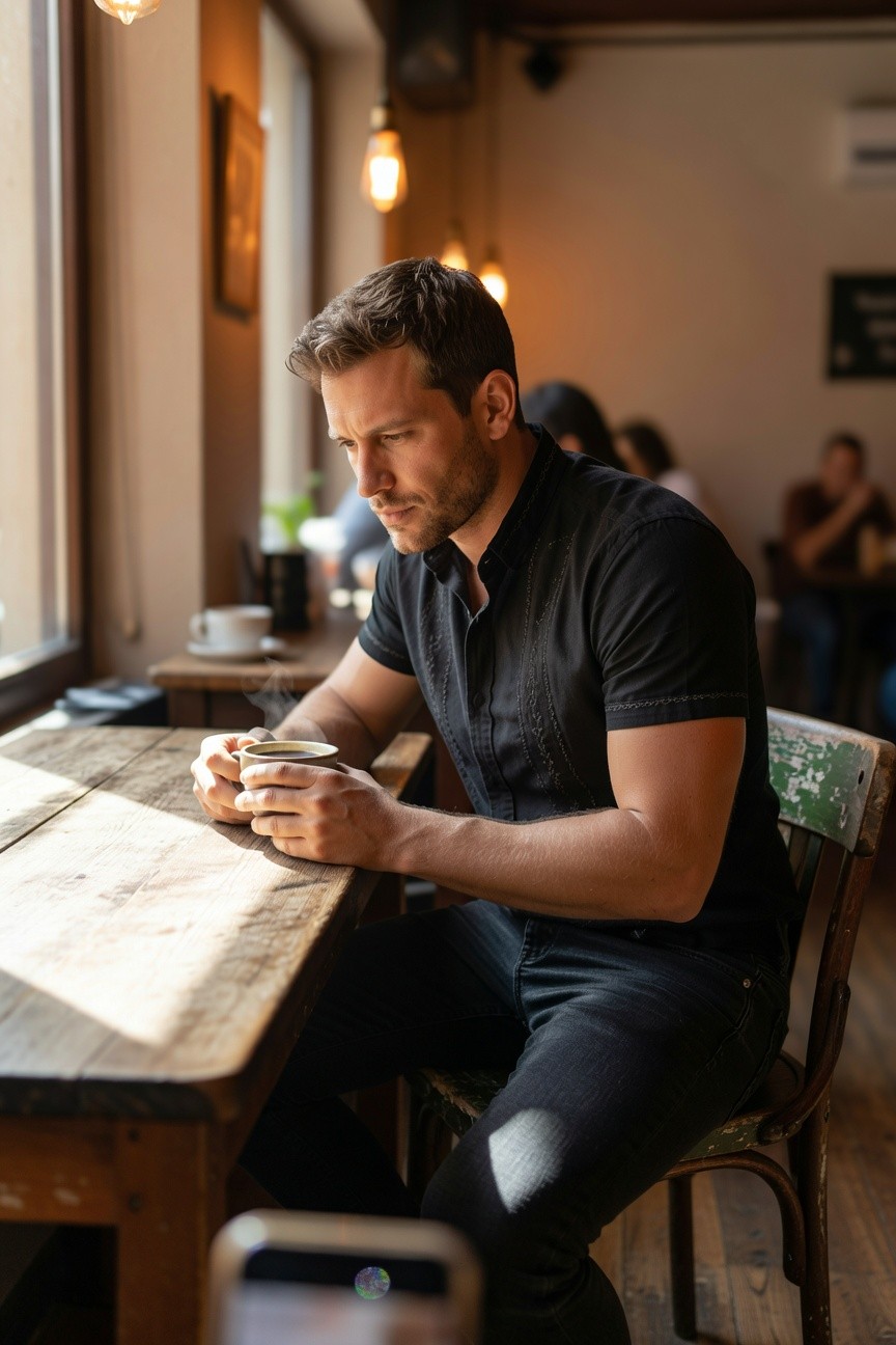 Man in fitted black short-sleeve button-up shirt and slim black pants sitting at a wooden table holding a coffee mug, casual sleek style