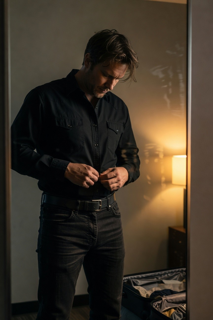 Man in a black western-style button-up shirt with chest pockets and dark slim pants buckling a black leather belt in front of a mirror, suitcase nearby in a dimly lit room