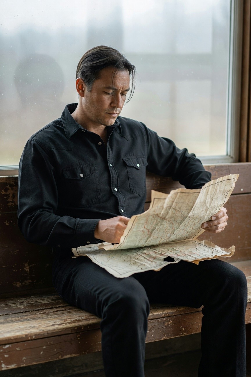 A man with long dark hair tied back sits on a wooden bench holding an old yellowed map, dressed in a black long-sleeve western-style button-up shirt with pocket flaps and straight black pants