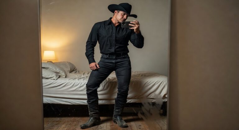 Man taking mirror selfie in all-black cowboy outfit: black cowboy hat, embroidered black button-up shirt unbuttoned at collar, slim black jeans, black cowboy boots, standing confidently in bedroom