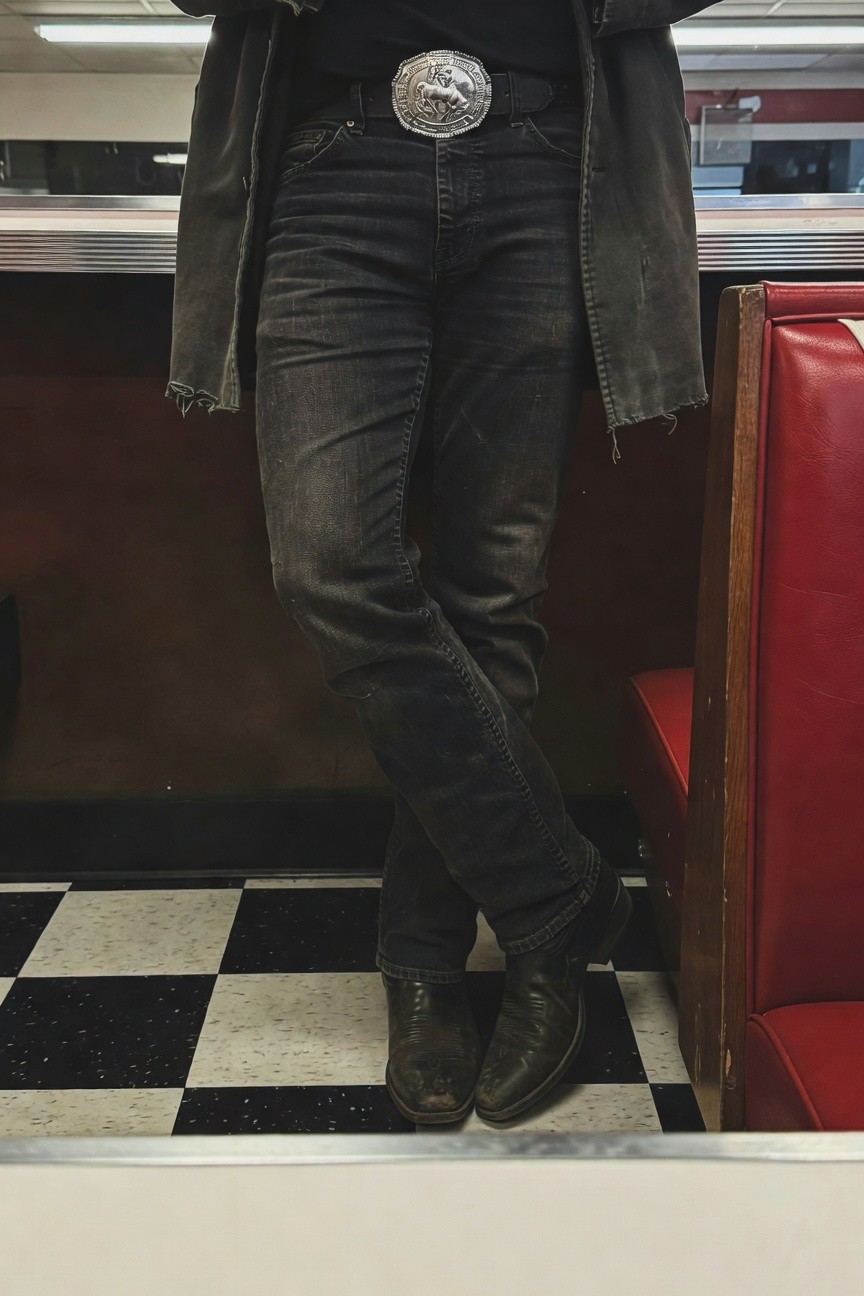 Man in a diner booth area wearing slim frayed black jeans tucked into black cowboy boots with square toes, oversized silver concho belt buckle at waist, and open frayed dark jacket, one leg crossed over the other while leaning against counter