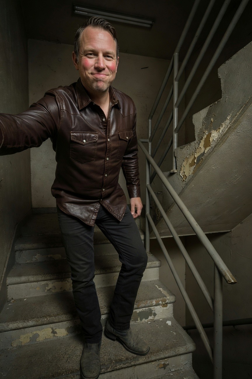 Man taking a selfie in a brown leather shirt jacket worn open over a collared shirt, paired with slim black pants and dark boots, standing on concrete stairs in a dimly lit industrial space