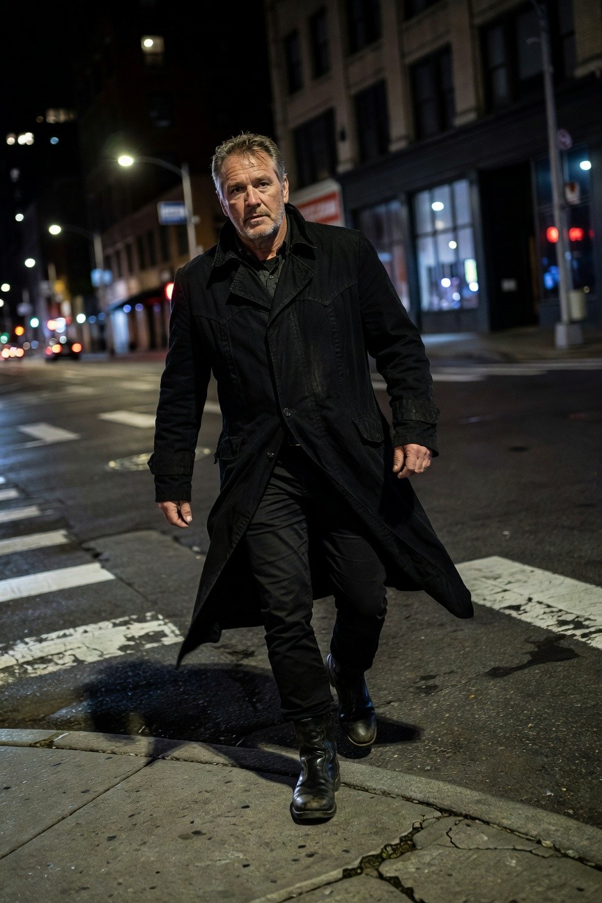 Man walking at night in a long black overcoat over black shirt and slim black pants tucked into black boots, sleek all-black cowboy-inspired outfit on urban street