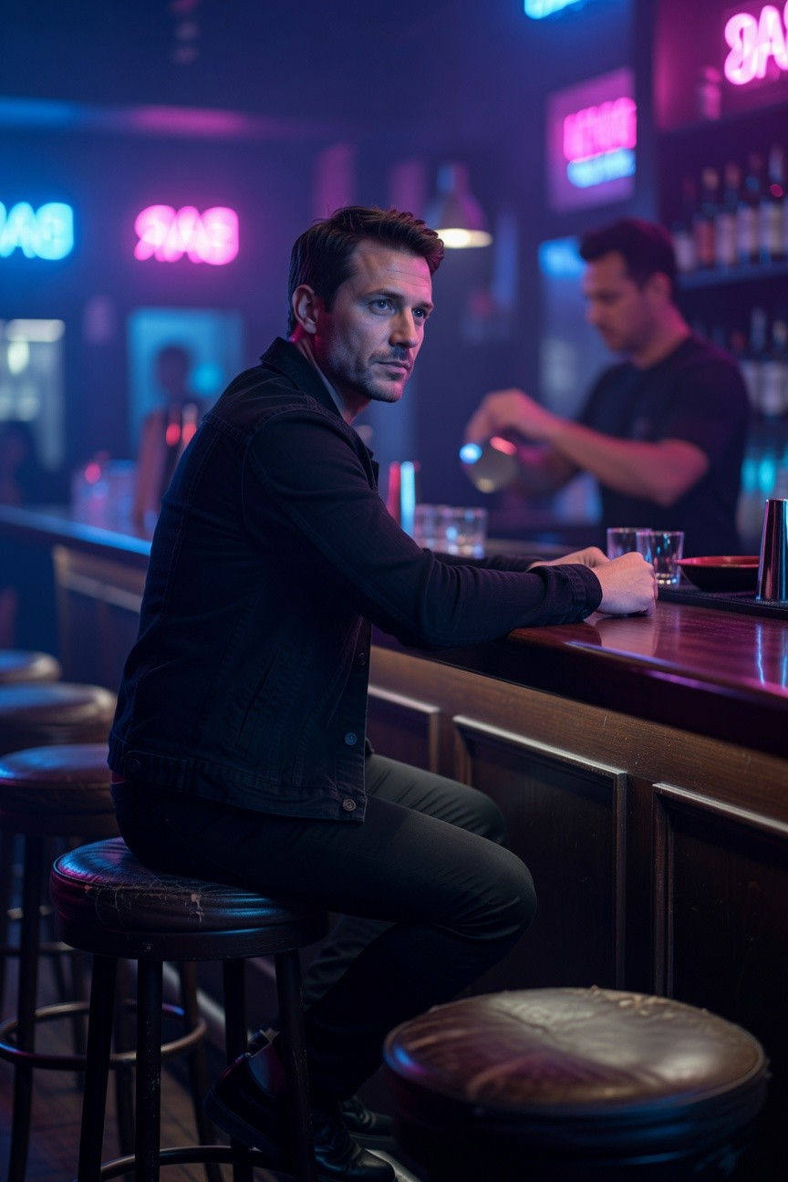 Man seated at neon-lit bar in slim black leather jacket, matching trousers, and black boots, holding a drink glass with focused expression