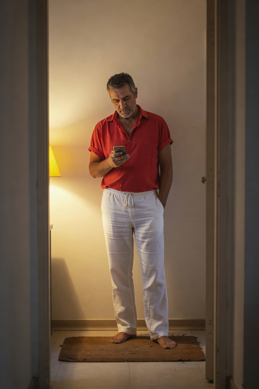 Man in vibrant red short-sleeve polo shirt and loose white linen pants stands barefoot on a woven mat between doorways, checking his phone under warm lamp light with relaxed posture