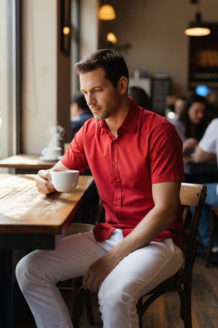 Handsome man with short dark hair in vibrant red short-sleeve button-up shirt and slim white pants, seated casually at a rustic wooden cafe table holding a white coffee mug, warm sunlight filtering through large windows with blurred background patrons and shelves