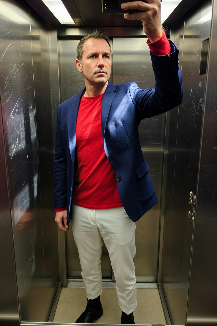 Man in elevator selfie wearing fitted navy blue blazer over bright red t-shirt, slim white trousers, and black ankle boots, arm raised holding phone.