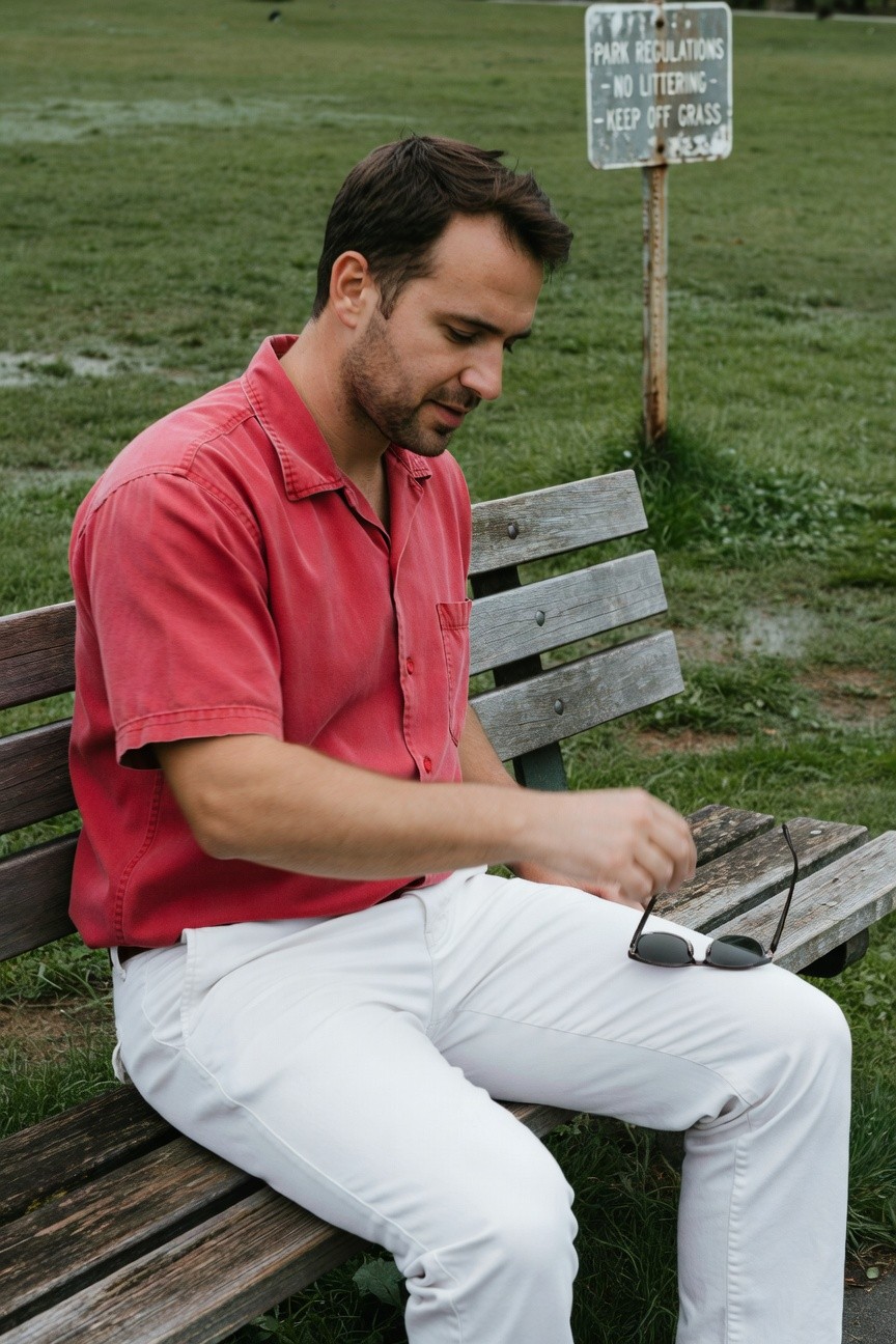 Man in vibrant red short-sleeved button-up shirt and crisp white pants sits relaxed on a weathered park bench, holding sunglasses in one hand, green field and 